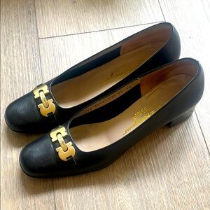 Salvatore Ferragamo Black Flats with Gold Accent